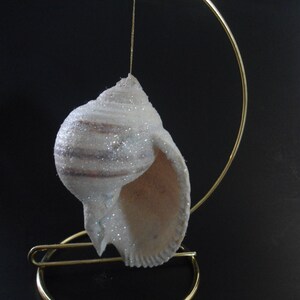 Może przedstawiać: Biała ozdoba w kształcie muszli z brokatem, wisząca na złotej metalowej podstawce.
