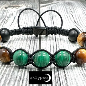 Luxe Adjustable 7&quot; - 10&quot; Long Macrame 8mm Natural Malachite, Matte Black Onyx & Tigers Eye Beaded Men Women Unisex Bracelet - Free Shipping!