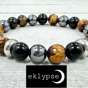 PREMIUM Stainless Steel 10mm Tigers Eye, Hematite and Obsidian Gemstone Beaded Men Women Unisex Bracelet - Free Shipping!