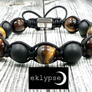 Modern Stainless Steel Adjustable 8&quot; - 11&quot; Long Macrame 10mm Matte Black Onyx & Tigers Eye Beaded Men Women Unisex Bracelet - Free Shipping!