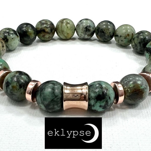 HIP Rose Gold Stainless Steel African Turquoise Gemstone Beaded Men's Women's Unisex Bracelet - Free Shipping