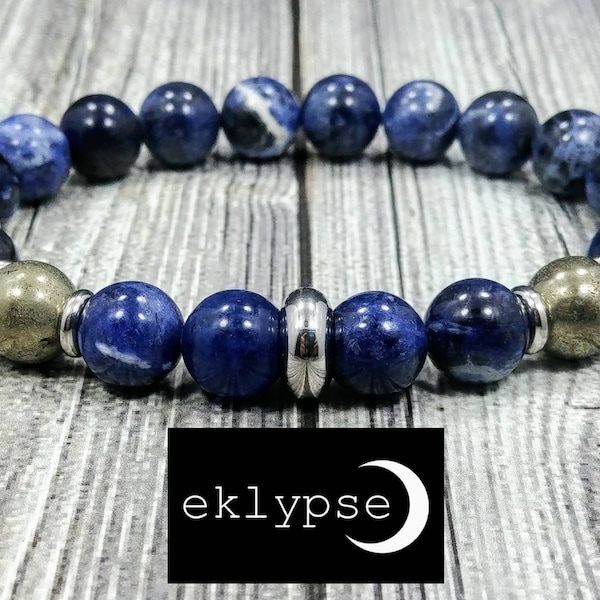 Modern Stainless Steel 10mm Pyrite and Sodalite Gemstone Beaded Men's Women's Unisex Bracelet - Free Shipping