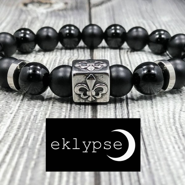 HIP Stainless Steel Fleur De Lis 10mm Matte Black Onyx & Black Polished Onyx Gemstone Beaded Men's Women's Unisex Bracelet - Free Shipping!