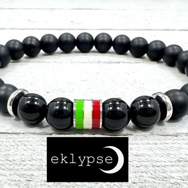 ITALIAN ITALIA FLAG Stainless Steel 8mm Matte & Polished Black Onyx Gemstone Beaded Men's Women's Unisex Bracelet - Free Shipping