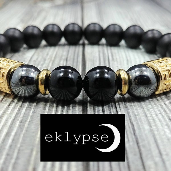 HIP Gold Greek Key 10mm Matte Black Onyx, Hematite and Polished Black Onyx Gemstone Beaded Men's Women's Unisex Bracelet - Free Shipping