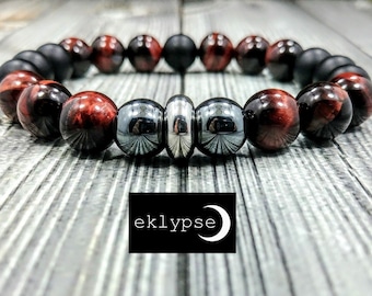 AWESOME Stainless Steel 10mm Red Tigers Eye, Hematite, & Matte Black Onyx Gemstone Beaded Men's Bracelet - Free Shipping!