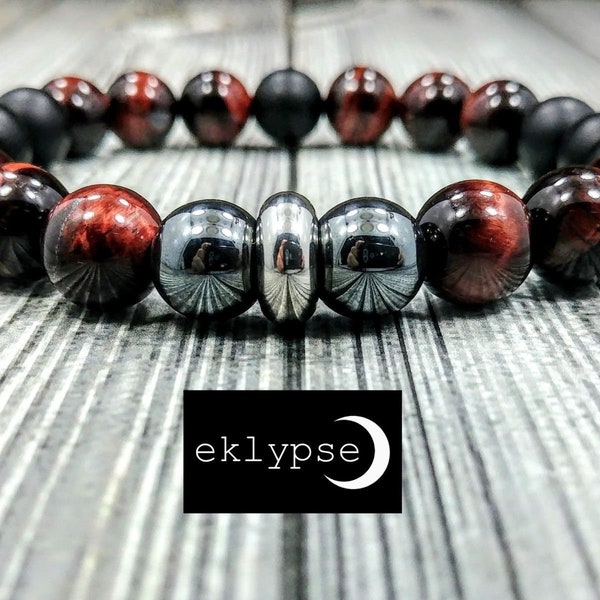 AWESOME Stainless Steel 10mm Red Tigers Eye, Hematite, & Matte Black Onyx Gemstone Beaded Men's Bracelet - Free Shipping!