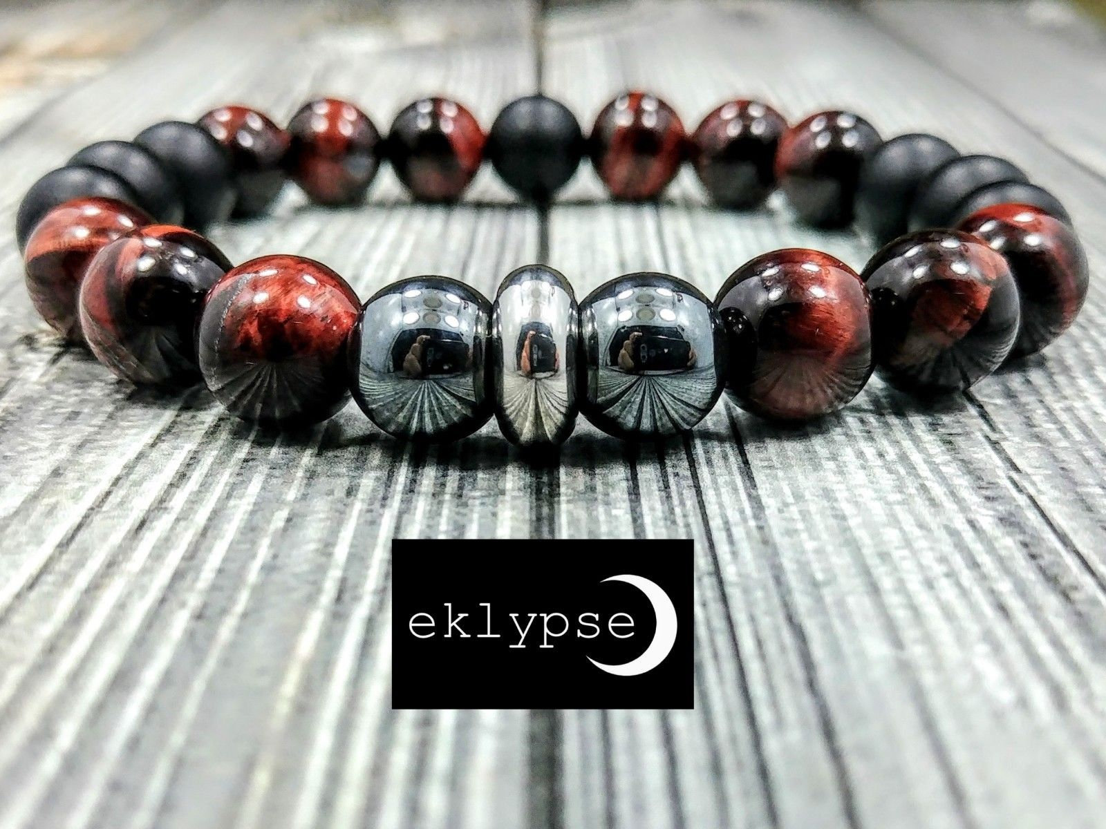 Red Tiger Eye + Onyx + Hematite Polished Beaded Bracelet // Red + Black + Grey - West Coast