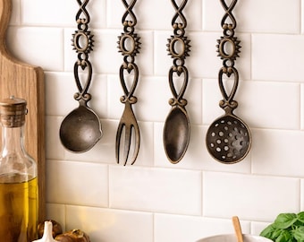 Vintage Solid Brass Utensil Rack Set, Primitive Farmhouse Kitchen Decor (13x10)