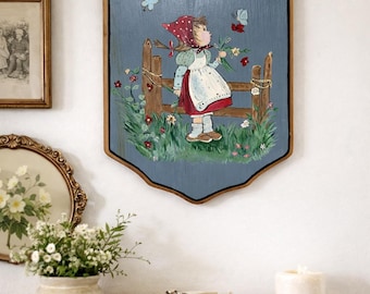 Vintage Hand Painted Wood Wall Plaque Anneliese Style Girl Cottagecore Nursery Wall Decor