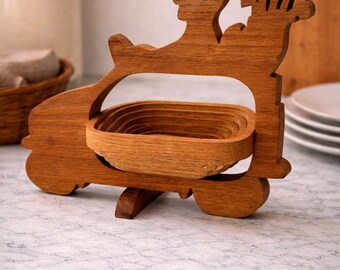 Vintage Hand-Carved Wooden Golfer Folding Basket | Collapsible Fruit Bowl Trivet