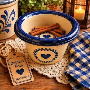 Vintage Brinker Pots Heart Bowl | Blue Stoneware Pottery | Primitive Farmhouse Country Cottage Decor