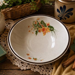 Vintage Japanese Stoneware Floral Serving Bowl | Cottagecore Farmhouse Kitchen Decor | Rustic Country Primula Bowl