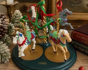 Hallmark Keepsake 1989 Carousel Horse Ornament Set Display Stand Complete