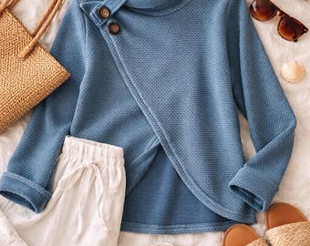 Blue Textured Wrap Sweater | Asymmetrical Cowl Neck, Tulip Hem Top