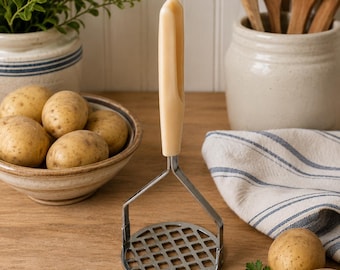 Vintage KOCO Japan Potato Masher | Mid Century Kitchen Utensil | Retro Almond Handle | Stainless Steel Masher