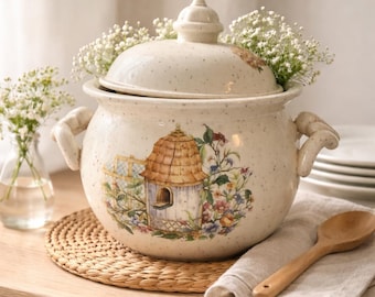 Vintage Cottagecore Bean Pot with Lid Birdhouse Stoneware Casserole Dish Country Kitchen Decor