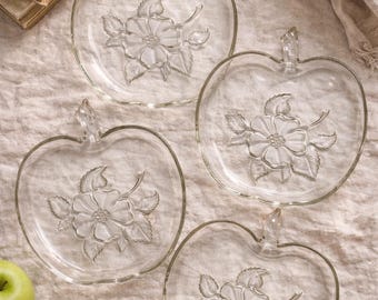 Vintage Hazel Atlas Apple Blossom Plates | Set of 4 Clear Glass Snack Dishes