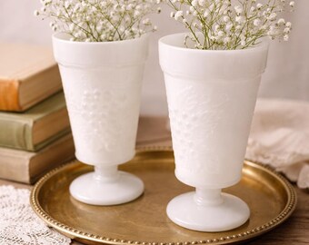 Set of 2 Vintage Milk Glass Goblets: Grape Pattern Pedestal Glasses – Cottagecore Farmhouse Decor