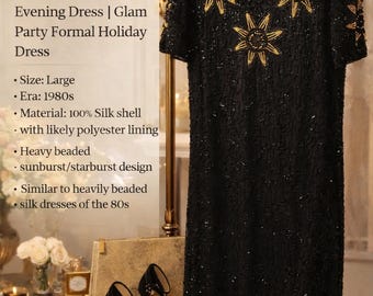 1980s Black Silk Beaded Cocktail Dress | Gold Sunburst Sequin Evening Gown