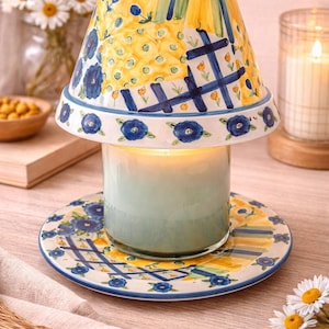 Vintage Yankee Candle Skärm- och platsset: Handmålat blått blommigt gitterljustillbehör