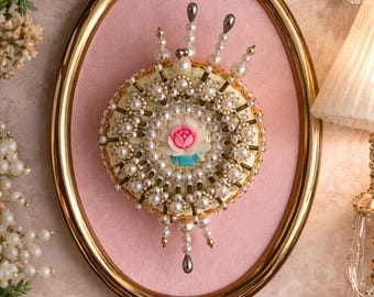 Vintage Beaded Hat Pin Holder | Pearl Embellished Pin Cushion Wall Decor