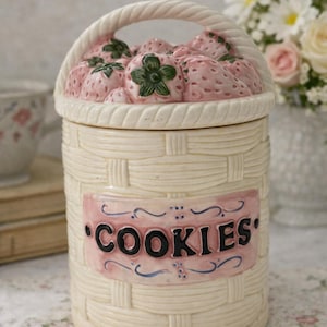 Vintage Strawberry Basket Cookie Jar | Ceramic Cottagecore Kitchen Decor