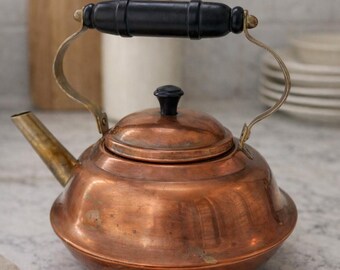 Vintage Copper Tea Kettle | Coppercraft Guild Style, Brass Spout, Wood Handle