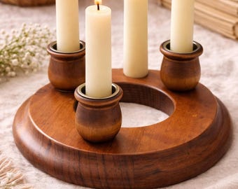 Vintage Teak Wood 4 Candle Holder Ring | MCM Scandinavian Candlestick, Danish Style Stand
