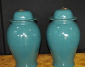 Pair Chinese Kangxi Porcelain Temple Jars Lidded Ginger Urns Vases