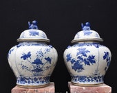 Pair Chinese Blue and White Porcelain Vases Lidded Urns Kangxi