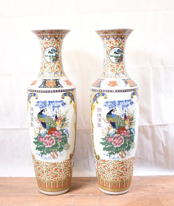 Pair Chinese Porcelain Urns Big Famille Jaune Bird Vases Etsy