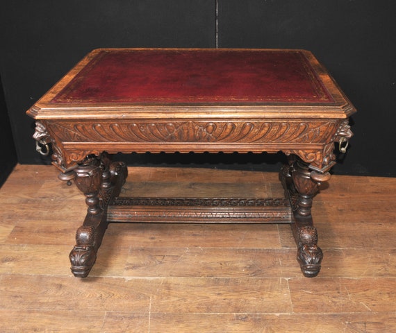Antique Library Table Desk Hand Carved Oak 19th Century Table Desk Hand Carved Oak 19th Century