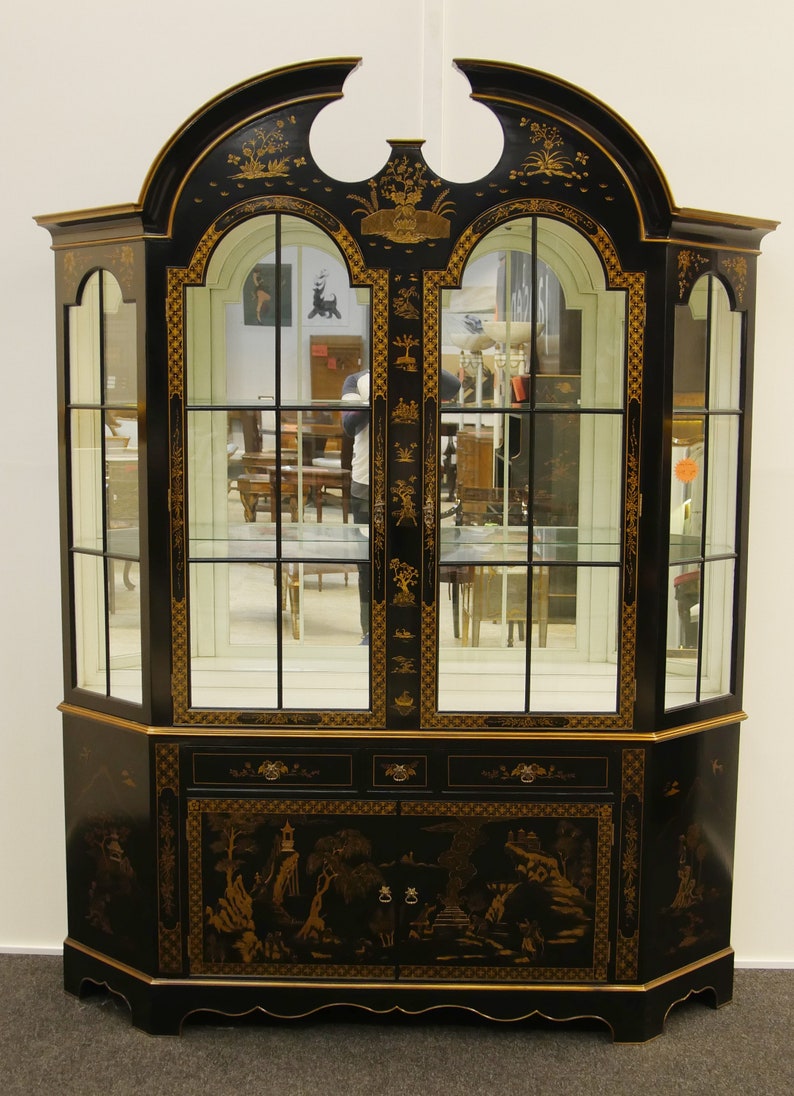 Regency Black Lacquer Display Cabinet Bookcase Chinoiserie Etsy