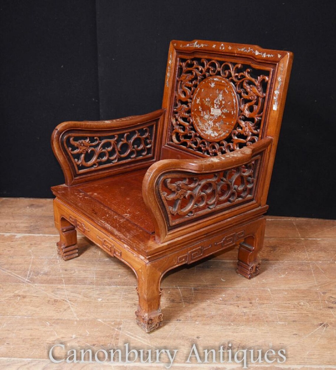 Pair Antique Chinese Hardwood Arm Chairs Mother Of Pearl Inlay Etsy