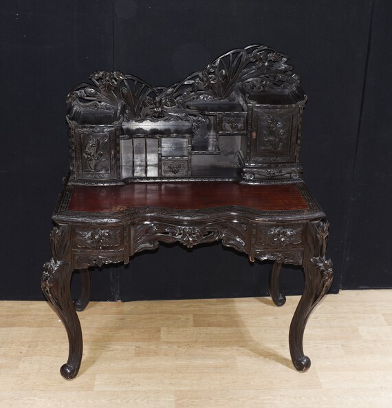 Antique Japanese Desk and Chair Set Carved Hardwood 1880 Etsy