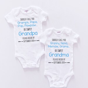 Grandparent Pregnancy Announcement Set - Hello Grandma and Grandpa Bodysuits - It&#39;s A Boy Blue Set