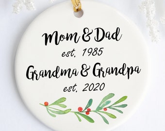 Promoted to Grandma Grandpa, New Grandparents Ornament Pregnancy Announcement, Est Ornament, Green Berry