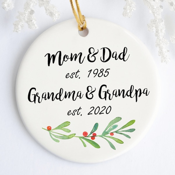 Promoted to Grandma Grandpa, New Grandparents Ornament Pregnancy Announcement, Est Ornament, Green Berry