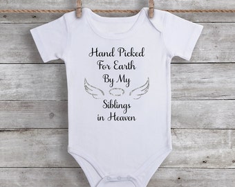 Hand Picked for Earth by My Siblings in Heaven Bodysuit - Infant One Piece Bodysuit - Angel Wings - Rainbow Baby - Sibling In Heaven