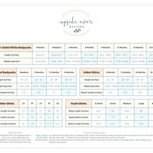 May include: A chart with size and weight guidelines for Carter's solid white bodysuits, colored bodysuits, infant shirts, toddler shirts, and youth shirts. The chart includes measurements in inches and pounds.