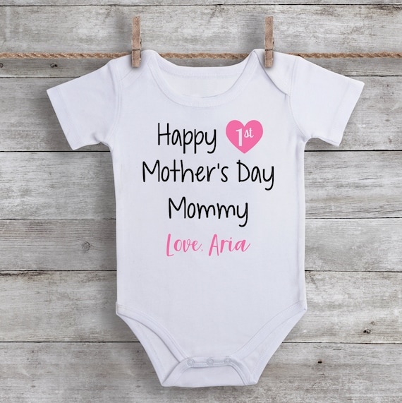 Happy 1ST Mother Day Mommy Heart Pink Cotton Bodysuit Girls Baby Dress NB-18M