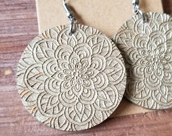 Star Mandala Champagne Gold Wood Dangle Earrings: Boho Lightweight Statement Jewelry, Gifts for Her