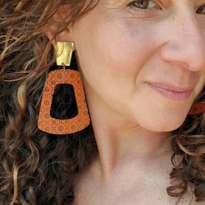 Handmade Coral Wood Hoop Earrings, Mandala Boho Brass Post, Lightweight Dangle