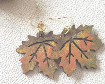 Maple Leaf Wood Earrings Handpainted in Fall Colors, Llightweight Autumn Jewelry