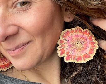 Statement Flower Bloom Wood Earrings hand painted in Vibrant WaterColors: Lightweight Oversized Dangles