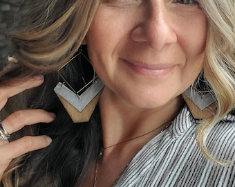 Chevron Wood Dangle Earrings: Boho Statement Jewelry