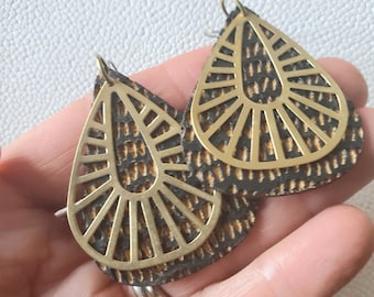 Boho Black Dangles: Layered Wood and Metal Earrings, Lightweight Unique Jewelry