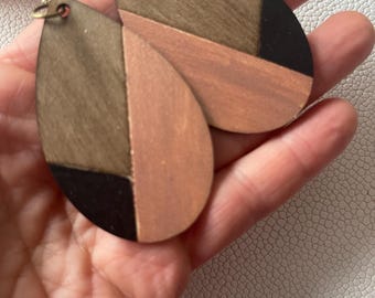 Color block Teardrop Wood Earrings: Handmade Modern Dangles, Neutral Jewelry