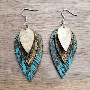 May include: A pair of dangle earrings with three layered teardrop-shaped pendants. The pendants are made of leather and feature a blue and brown feather pattern. The earrings are attached to silver hooks.